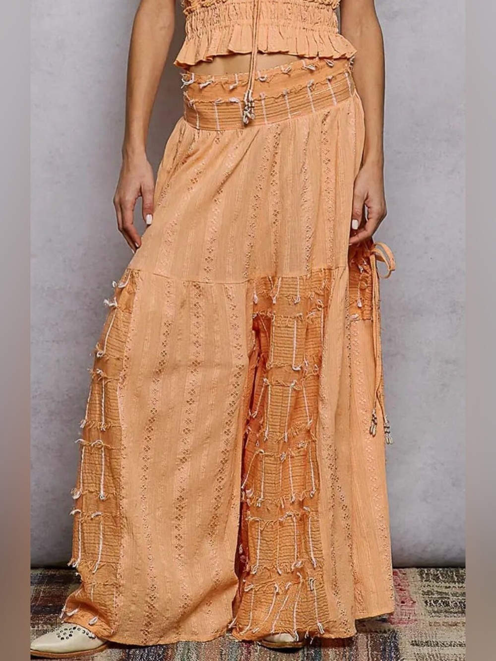 POL Wide Leg Boho Palazzo Pants Peach | Fringe Patchwork | NWOT